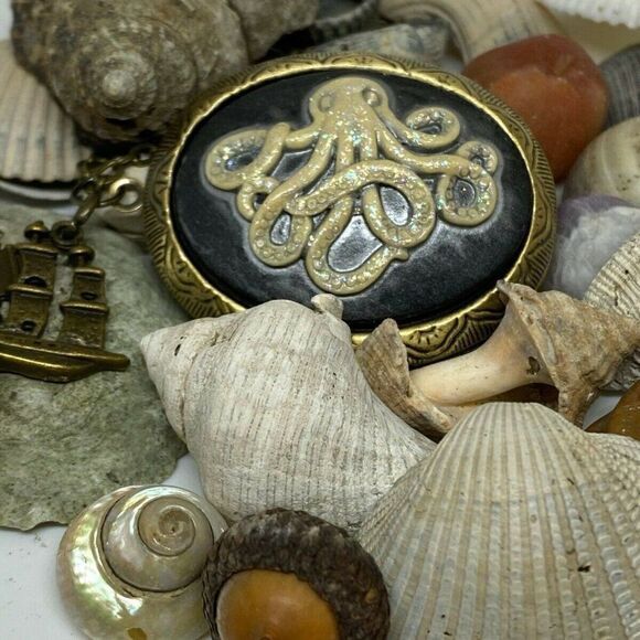 Bronze Octopus Ship Antique Gold Locket Necklace - Picture 2 of 9